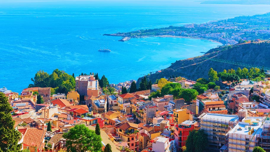 Cityscape of Taormina and Mediterranean Sea Sicily