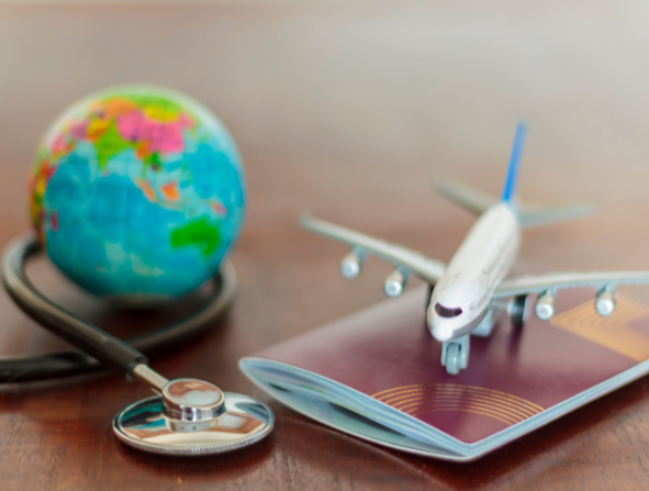 passport document, airplane, globe and healthcare