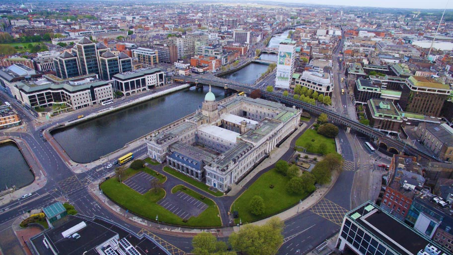 Aerial drone view of Dublin City, Ireland