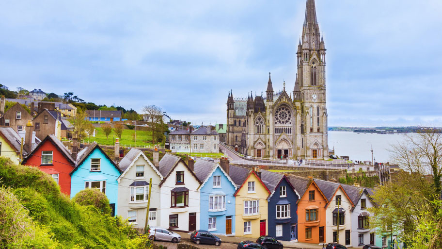 Cathedral and colored houses in Cobh, Ireland