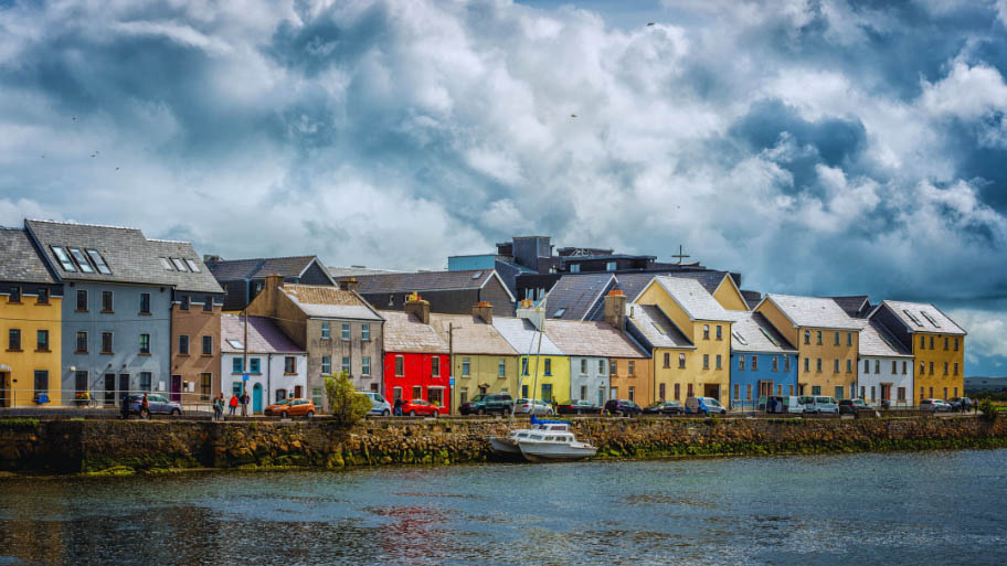 Beautiful panoramic sunset view over The Claddagh Galway in Galway city, Ireland