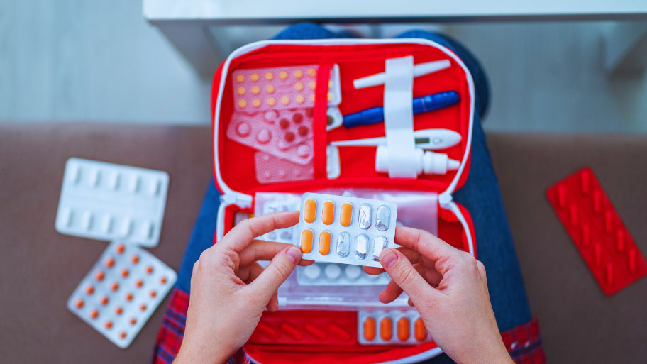 Medical first aid kit with medicine and pills