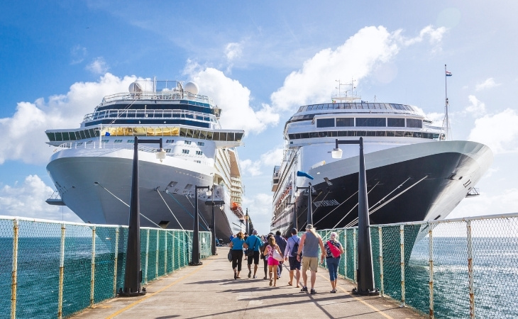 Cruise group passengers return to cruise ships at St Kitts Port Zante cruise ship terminal