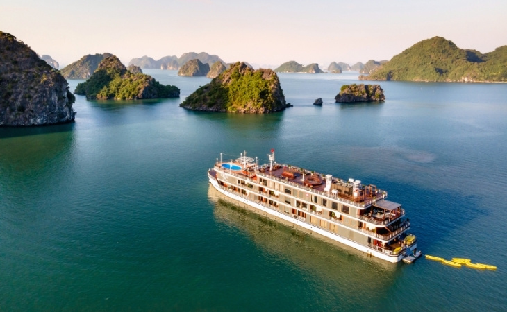 Cruise Ship Among Islands made of Rocks